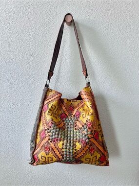 KurtMen Leather Aztec Print with Studded Cross Bag Western Yellow Pink